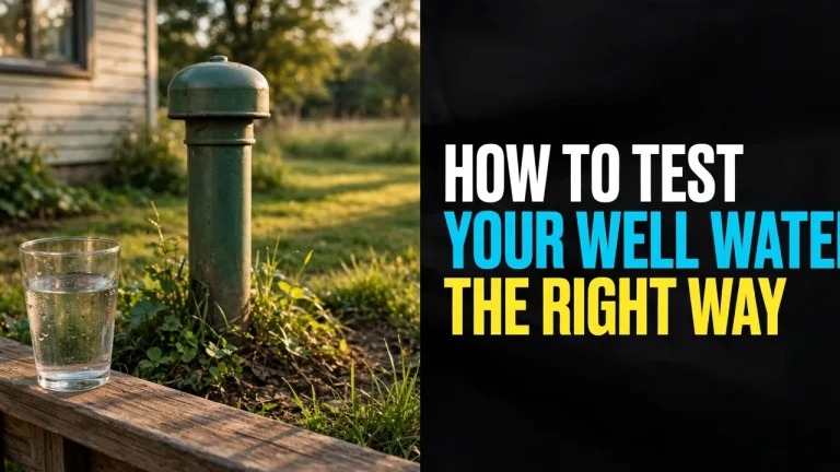 How to test your well water — a green well head in a grassy yard beside a house, with a glass of water on a porch rail