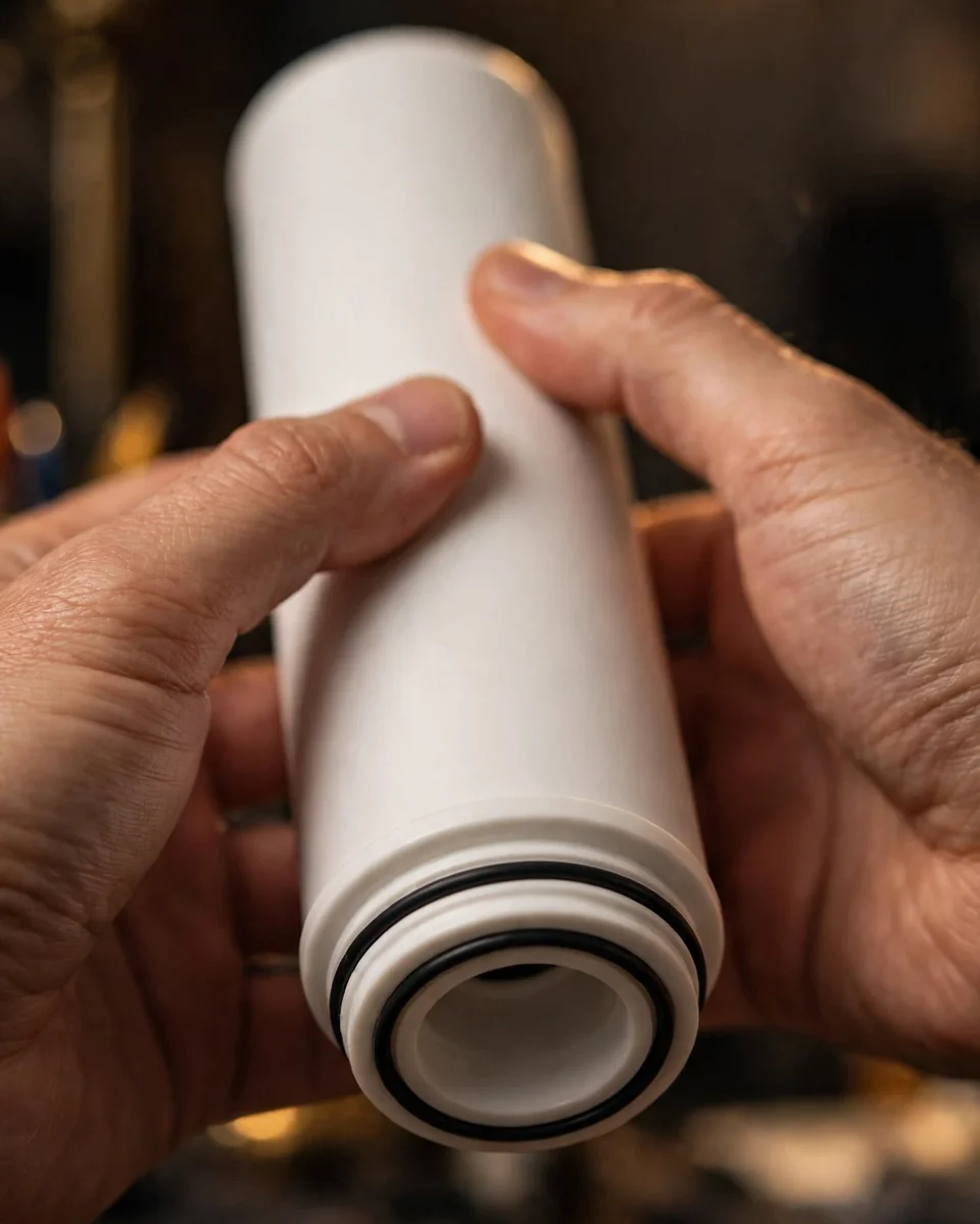 Hands rotating a blank white refrigerator filter cartridge under a lamp to inspect the end cap and O-ring seals