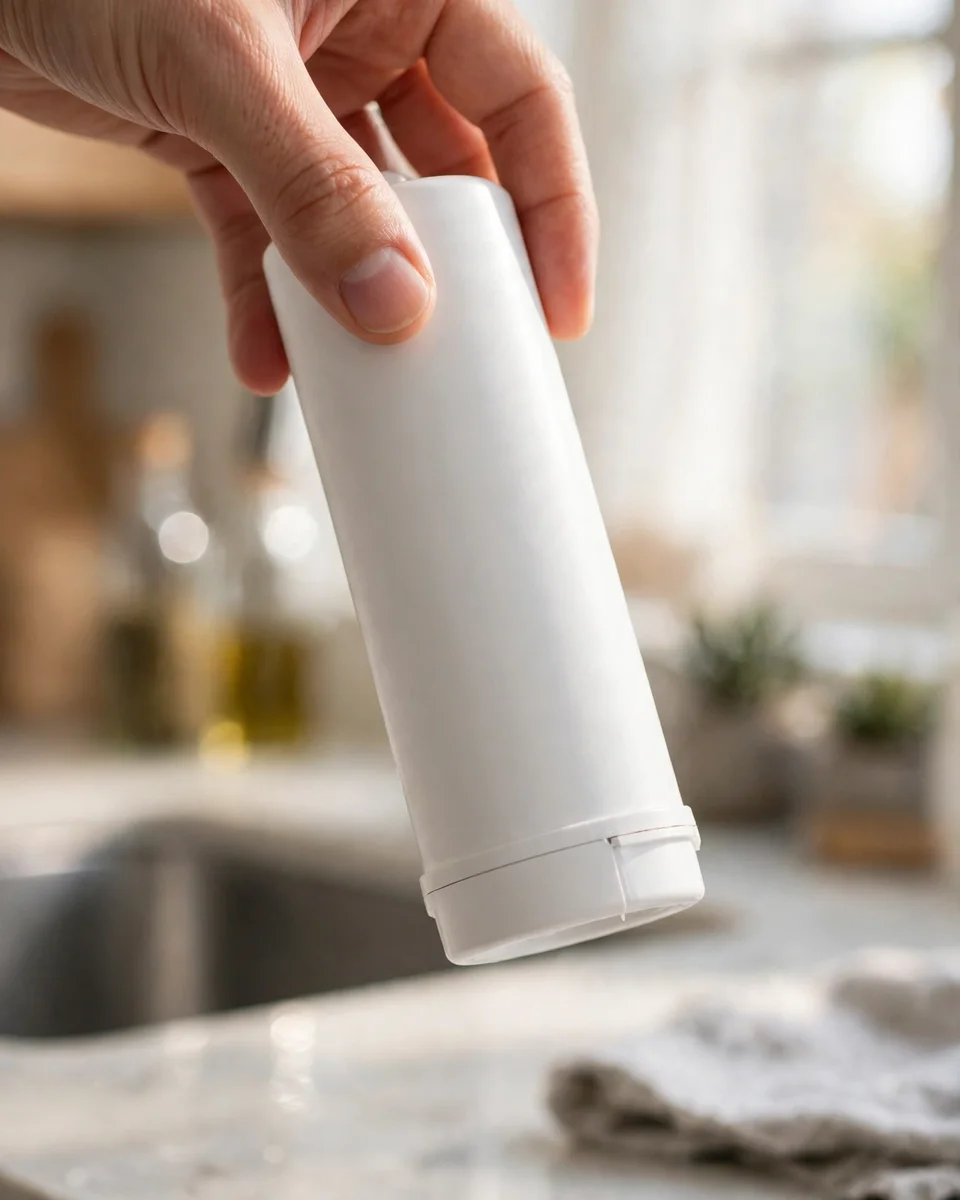 Hand turning a blank refrigerator filter cartridge over for inspection