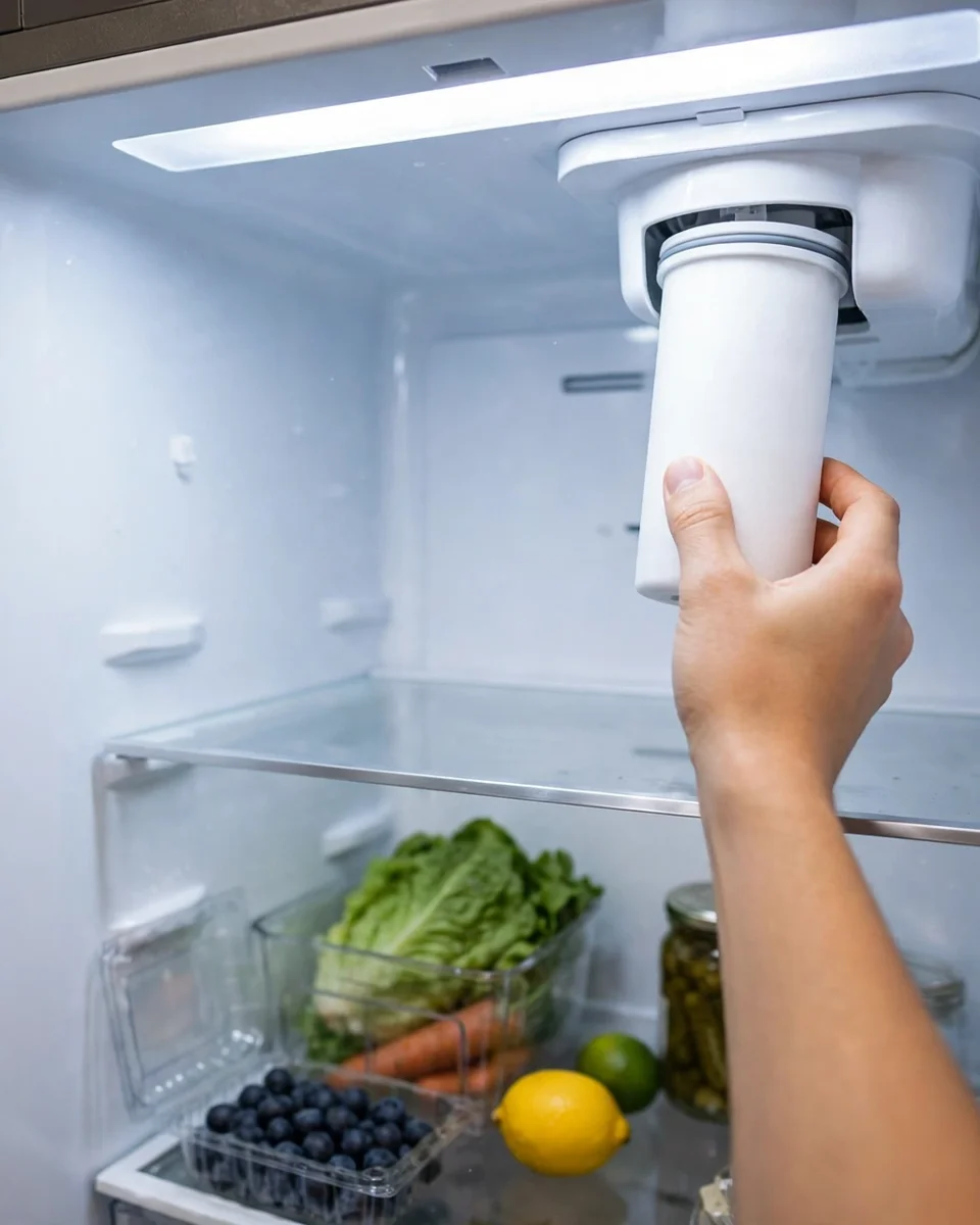 Hand pushing a new DA29-00020B filter cartridge into the housing inside a French-door refrigerator