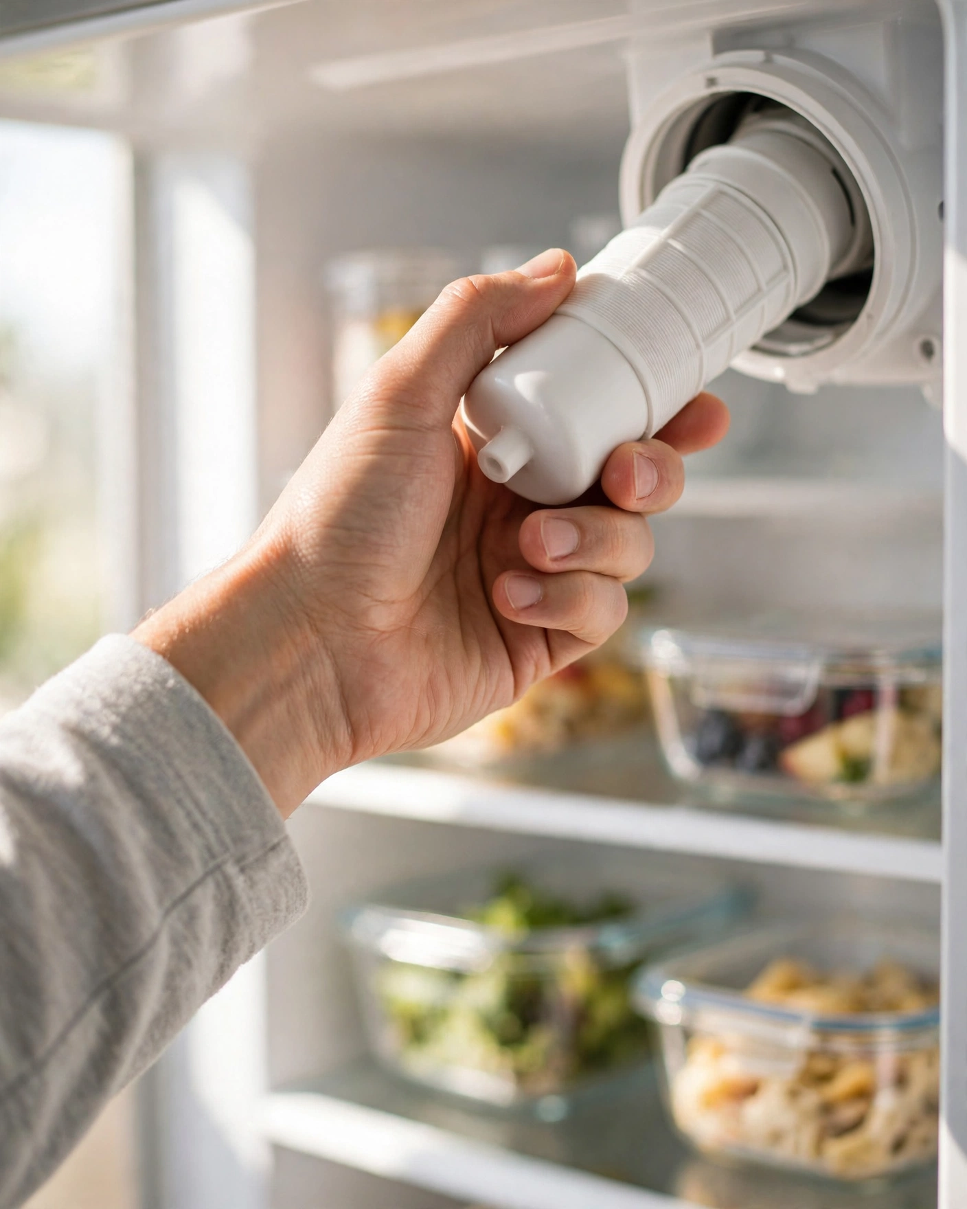A hand twisting a water filter cartridge into the housing inside a refrigerator