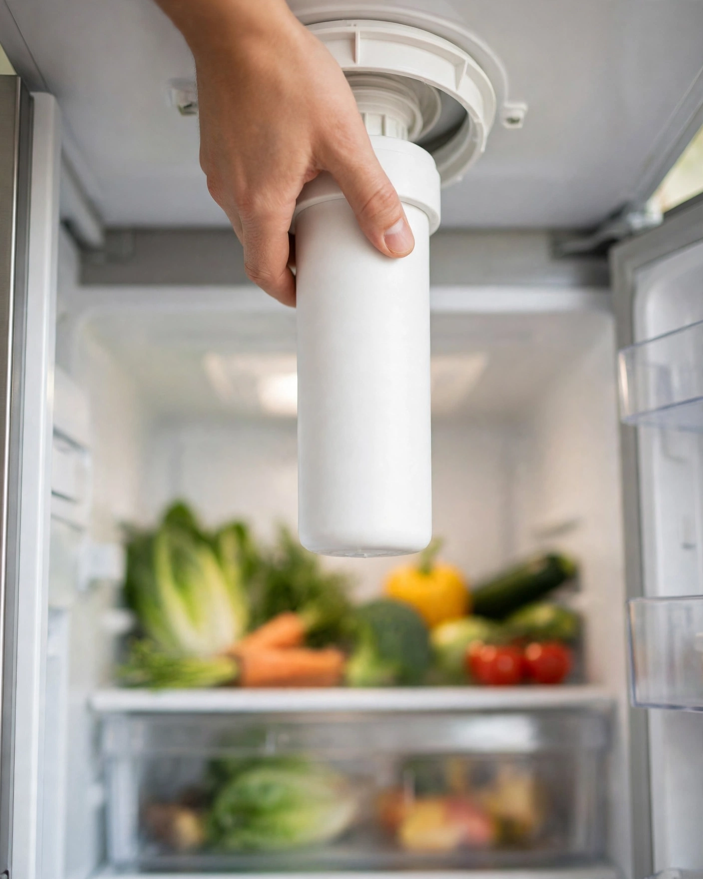 A hand twisting a filter cartridge into the ceiling housing of a refrigerator