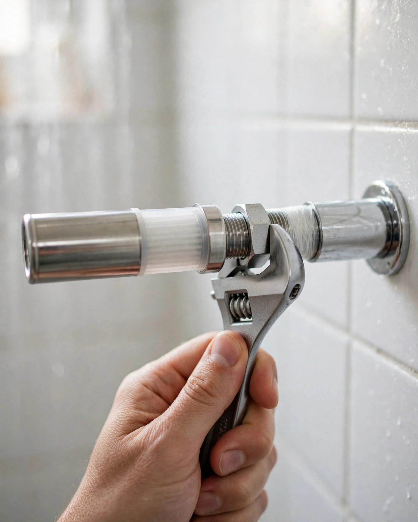 A hand tightening a shower filter onto a shower arm with a wrench nearby, bathroom setting