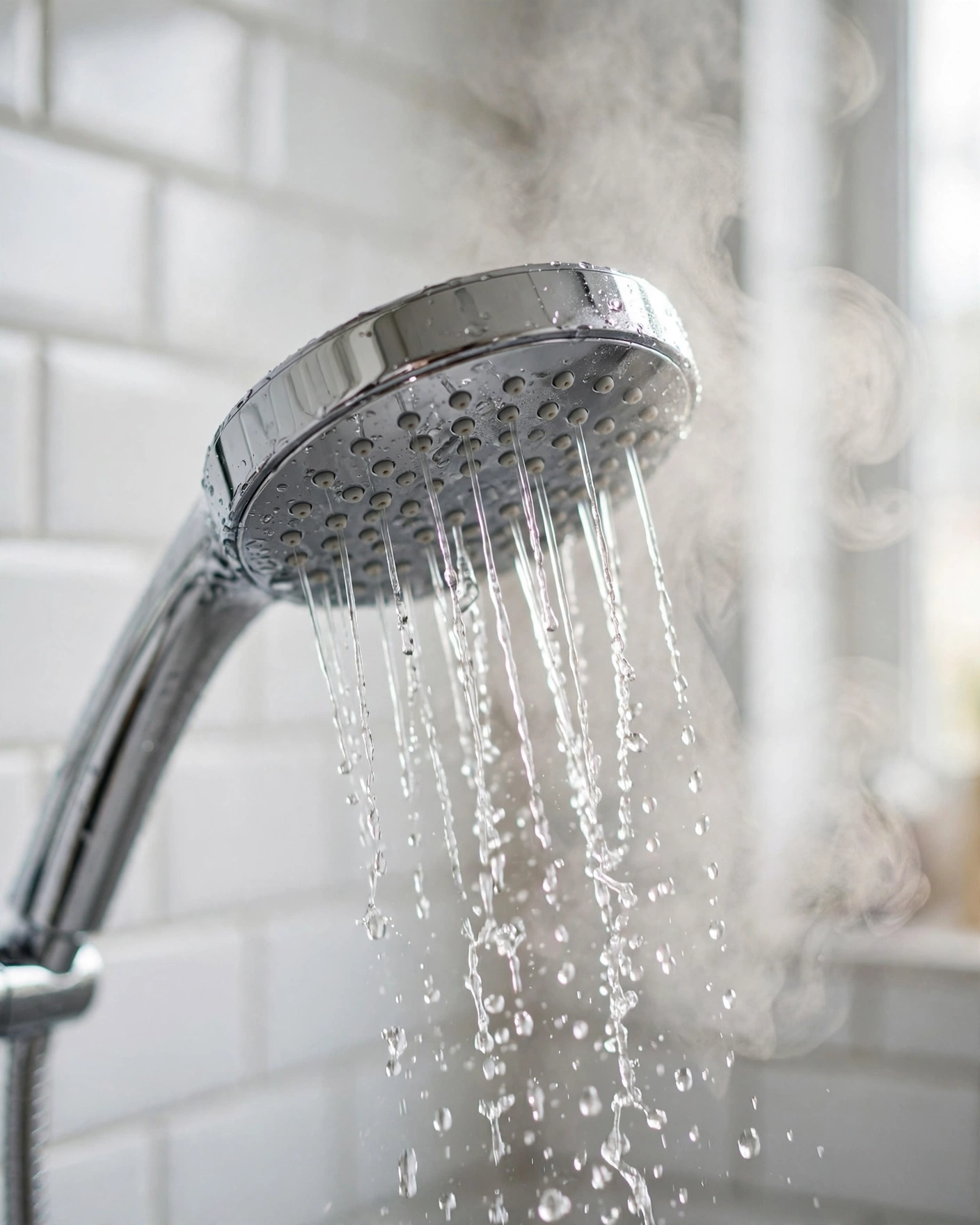 Close-up of a filtered showerhead mounted in a bright modern bathroom, water beading on the chrome face