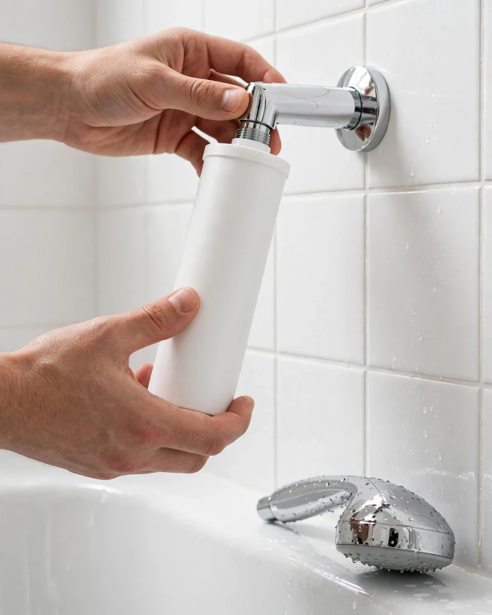 Hands fitting a plain white inline shower filter cartridge onto a chrome shower arm