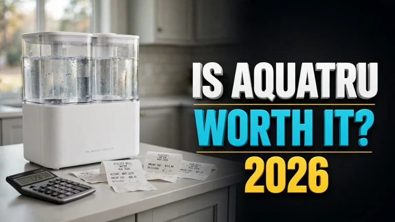 Is AquaTru worth it 2026 — countertop RO unit with calculator and receipts