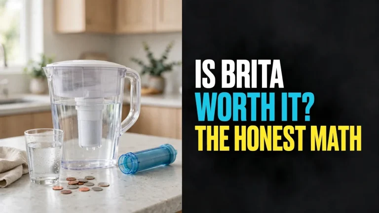 Is Brita worth it — filter pitcher, long-life cartridge, glass of water and coins on a kitchen counter
