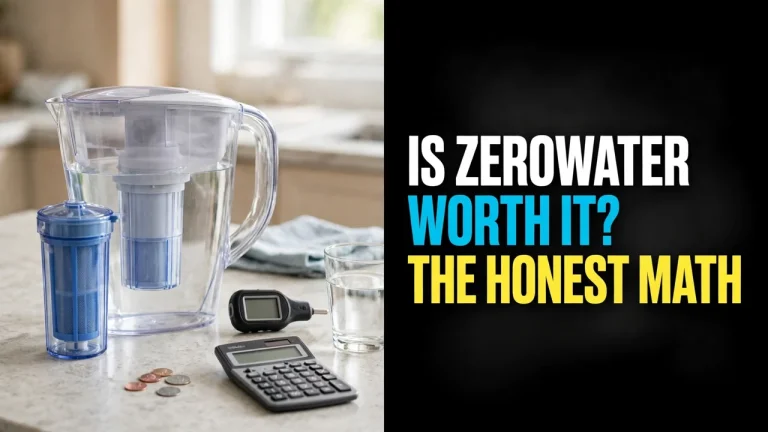 Is ZeroWater worth it — pitcher, spare cartridge, TDS meter, calculator and coins on a kitchen counter