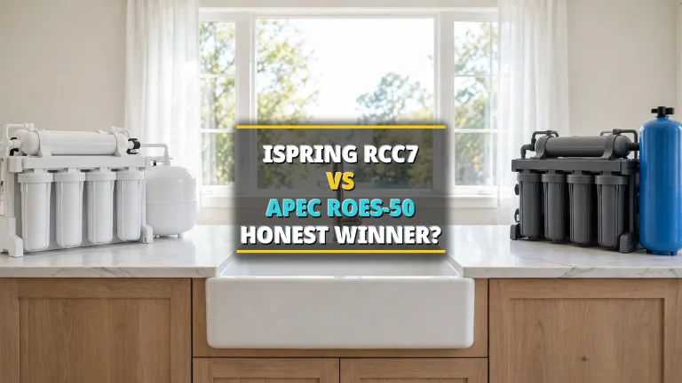 iSpring RCC7 vs APEC ROES-50: two tanked reverse osmosis systems side by side in an open under-sink cabinet