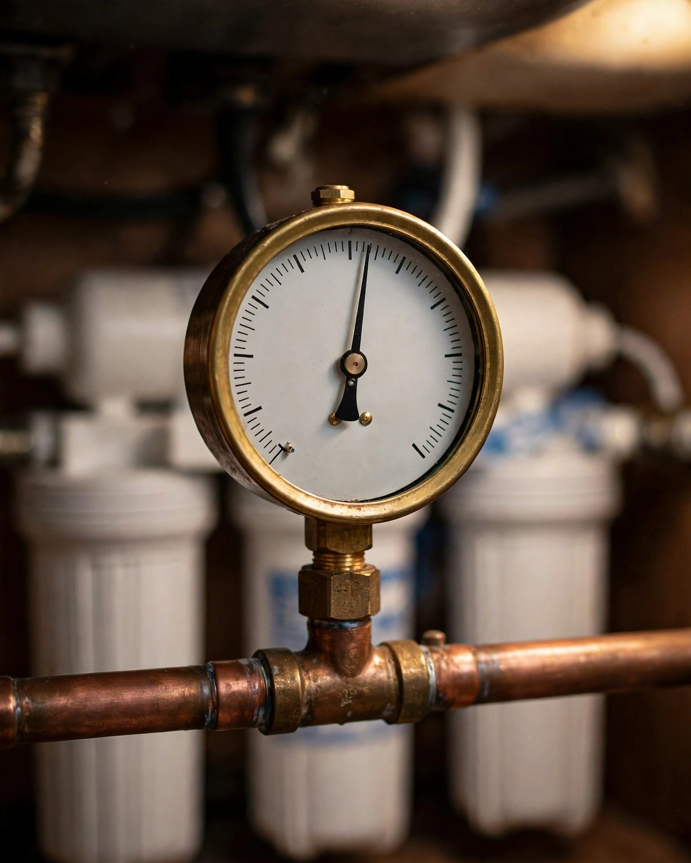 Pressure gauge on the feed water line under a kitchen sink