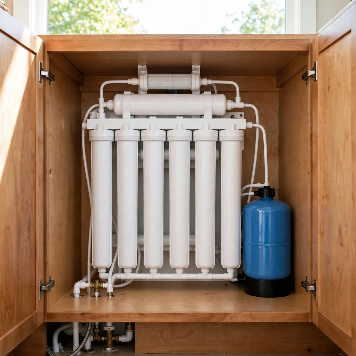 iSpring RCC7AK alkaline reverse osmosis unit with inline remineralization filter and blue storage tank under a sink