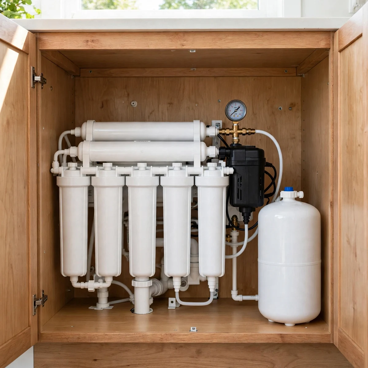 iSpring RCC7P booster-pump reverse osmosis unit with pressure gauge and white storage tank under a sink