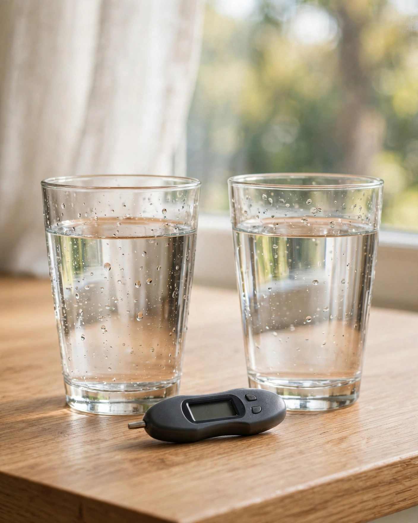 Two glasses of filtered water with a TDS meter for taste comparison