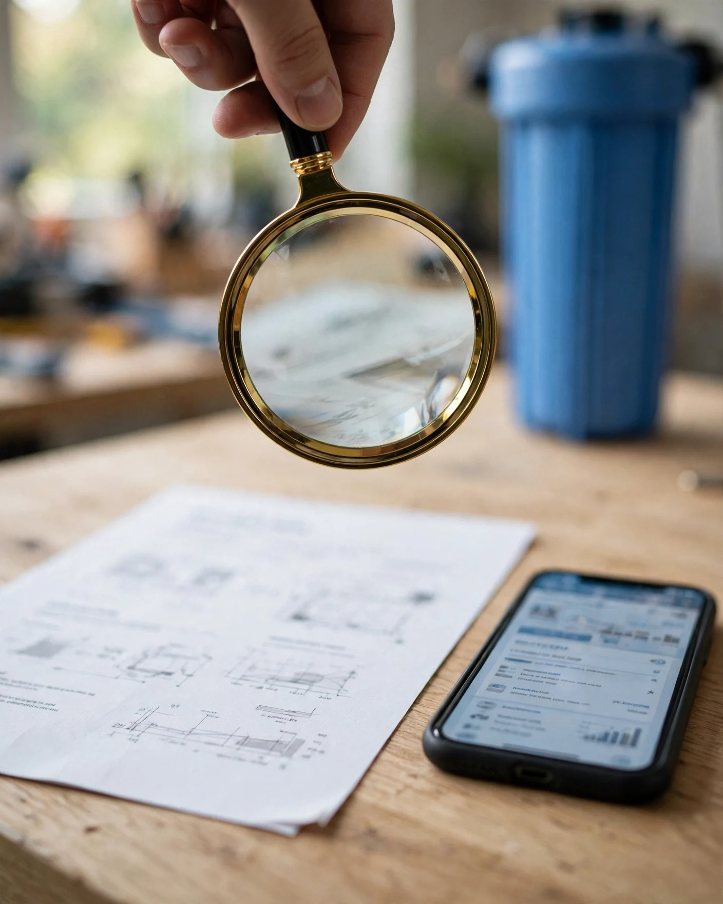 Magnifying glass over a printed iSpring WGB32B specification sheet next to a phone showing a certification database page