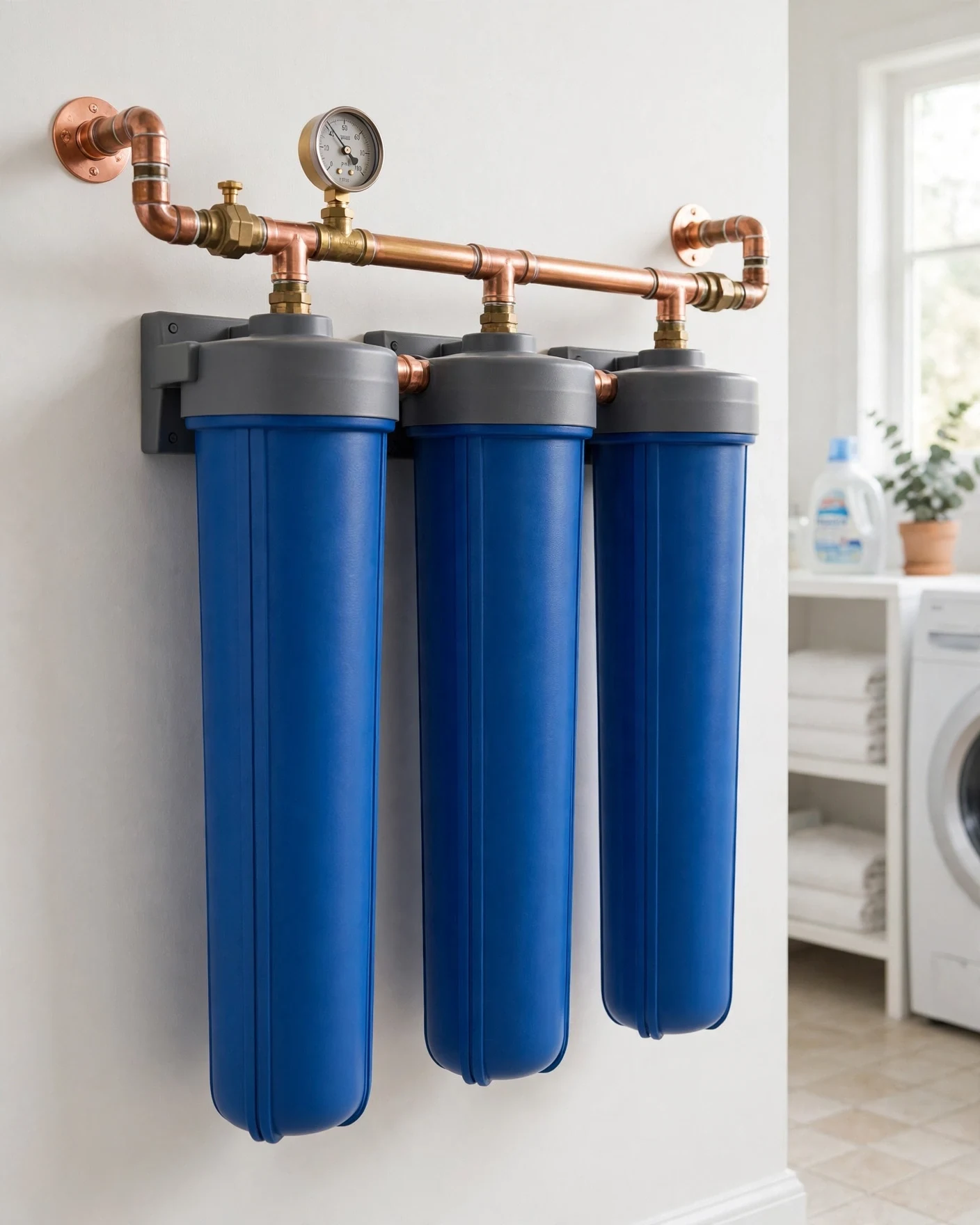 Three blue iSpring WGB32B whole-house filter housings mounted on a copper main water line