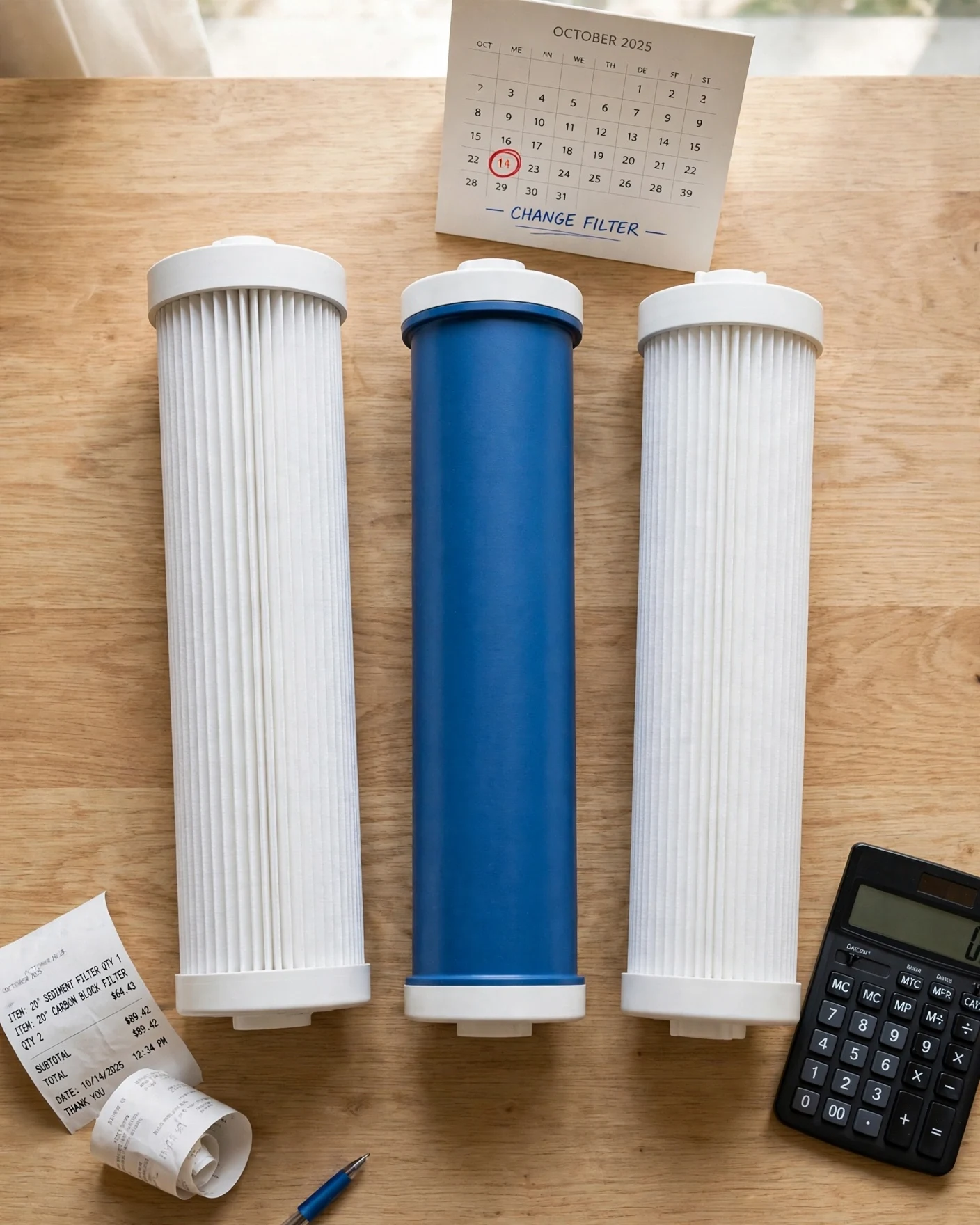 iSpring WGB32B replacement filter cartridges beside a calculator, receipts and a calendar card