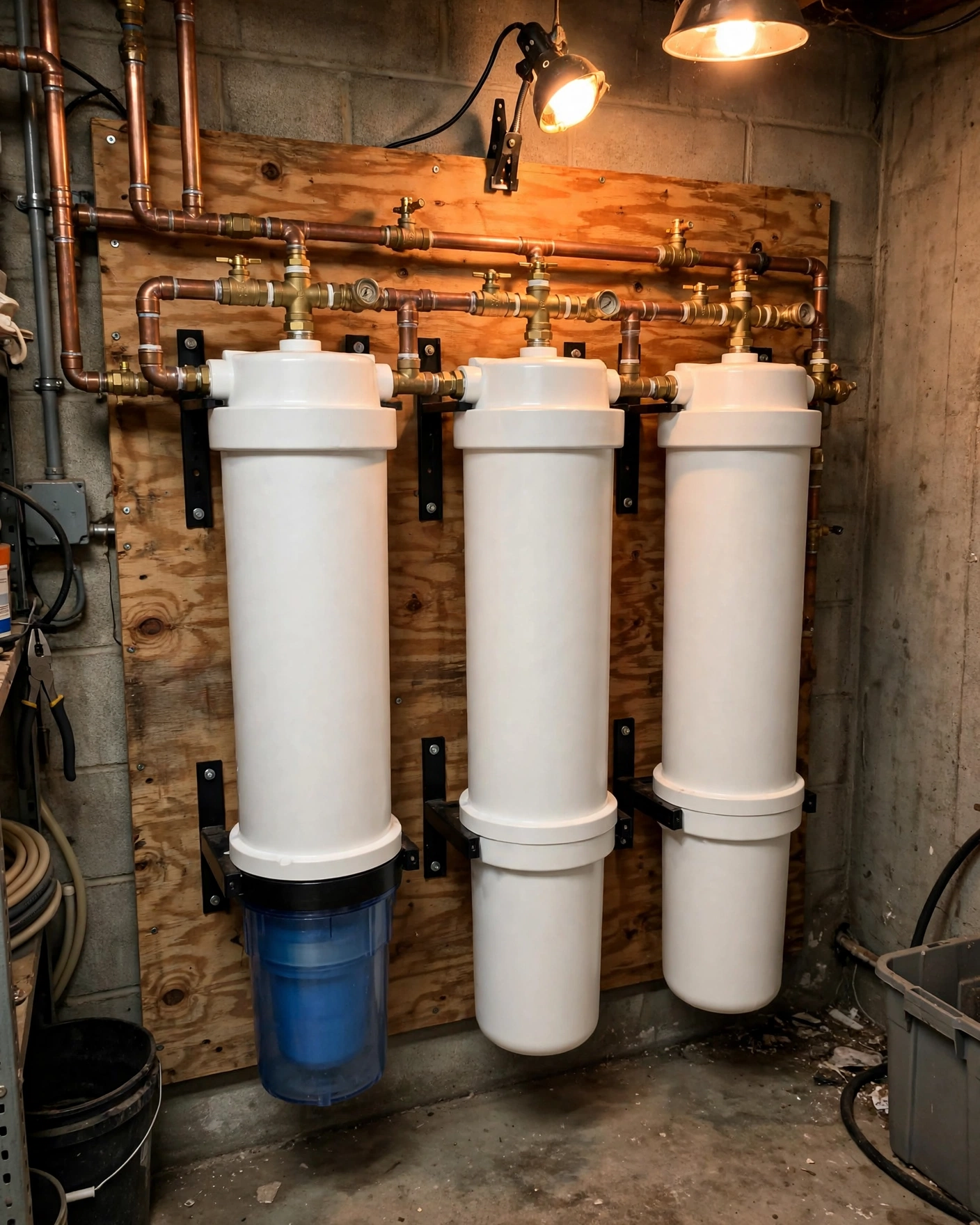 iSpring WGB32BM 3-stage whole-house water filter with three large housings mounted on a plywood backboard