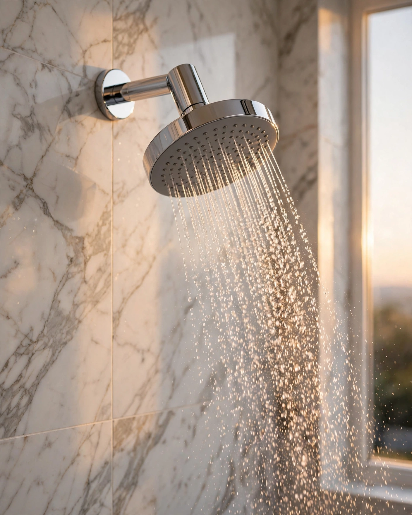 Jolie polished chrome filtered showerhead on a marble bathroom wall