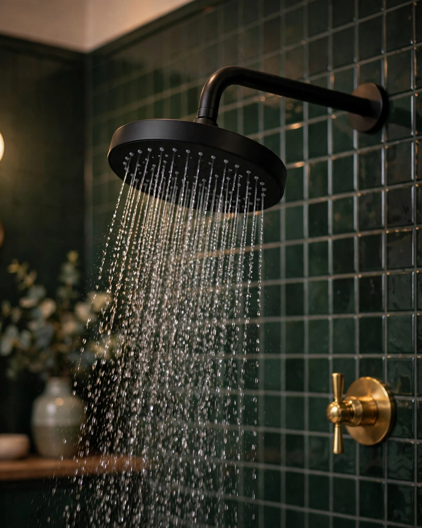 Jolie filtered showerhead in matte black on a dark green tiled wall