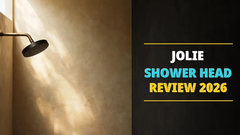 Jolie shower head review 2026 — matte black filtered shower head on a brass arm