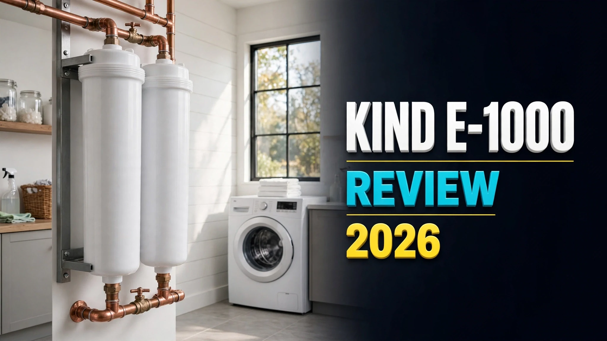 Kind E-1000 whole-house water filter review 2026 — twin cartridge canisters wall-mounted in a bright laundry room