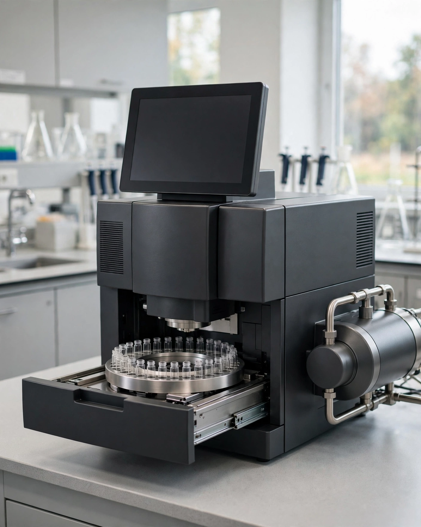 A mass spectrometer with a sample tray in an analytical laboratory