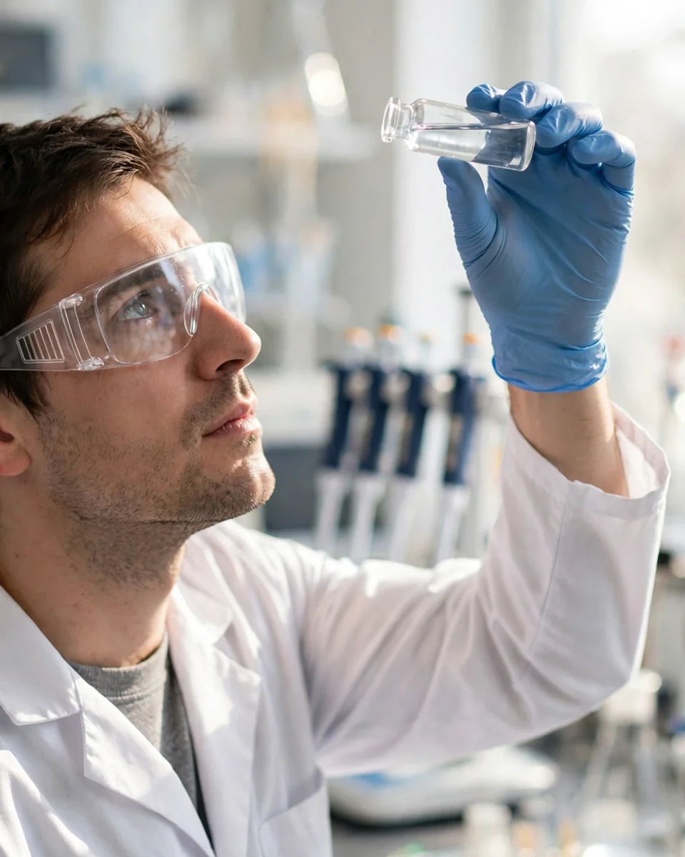 Laboratory technician in safety glasses holding a water sample vial up to the light for lead testing
