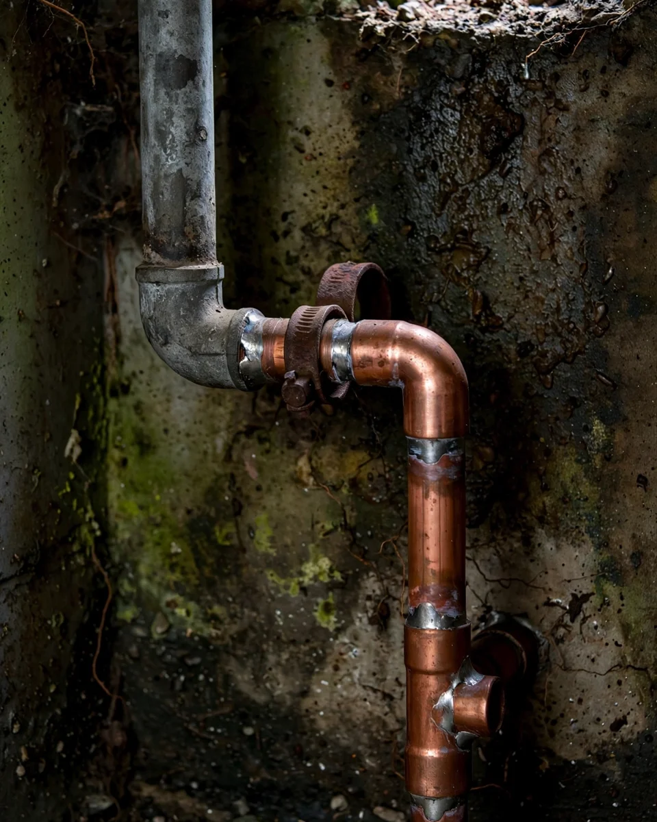 Dull grey lead pipe joined to newer soldered copper pipe in a basement — where lead in water usually comes from