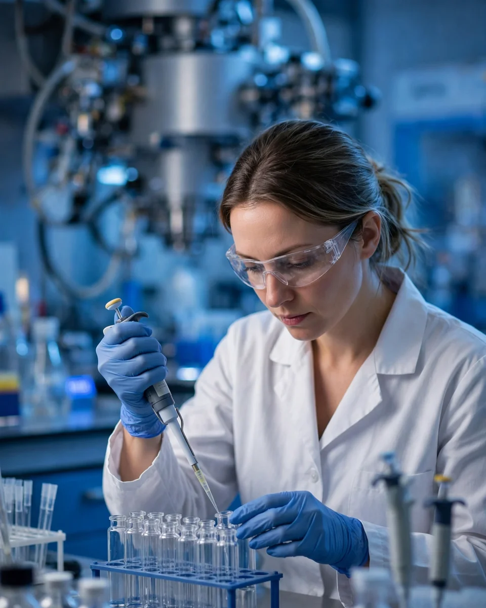 Laboratory technician pipetting a water sample into a rack of vials for lead analysis
