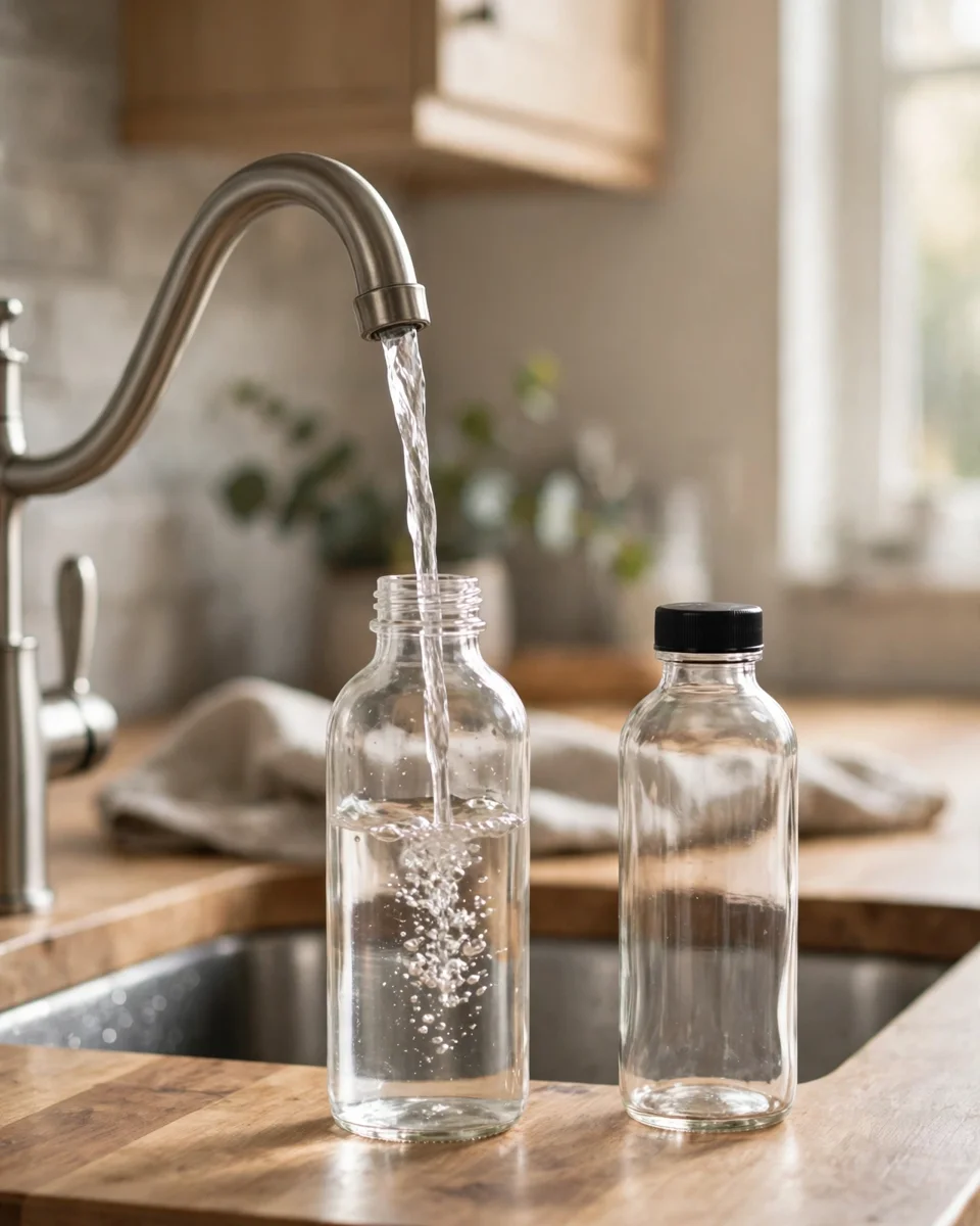 Plain sample bottle being filled at a gooseneck kitchen faucet, a second capped bottle beside it