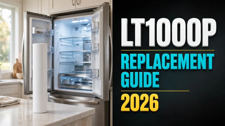 Slim white refrigerator water filter cartridge beside an open French-door refrigerator, with an LT1000P replacement guide headline