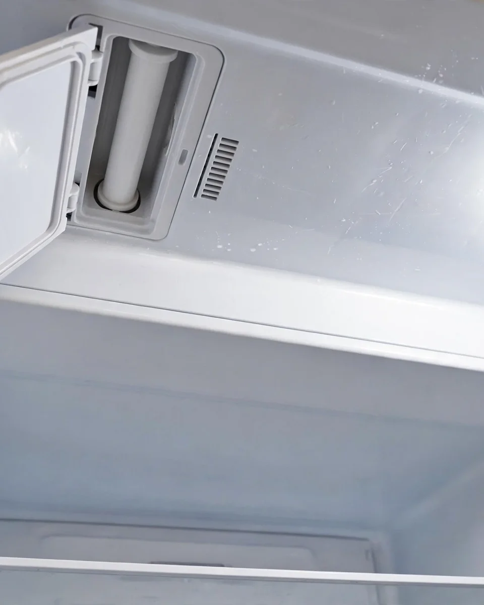 Slim LT1000P filter cartridge inside its ceiling compartment in the top-left of a refrigerator