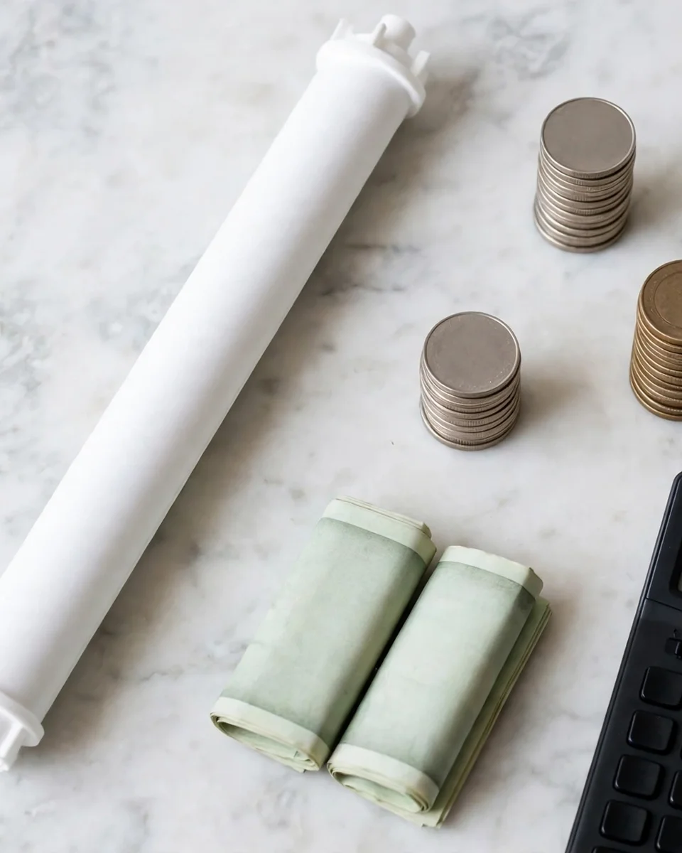 LT1000P cartridge with coin stacks, folded bills and a calculator — the yearly replacement cost