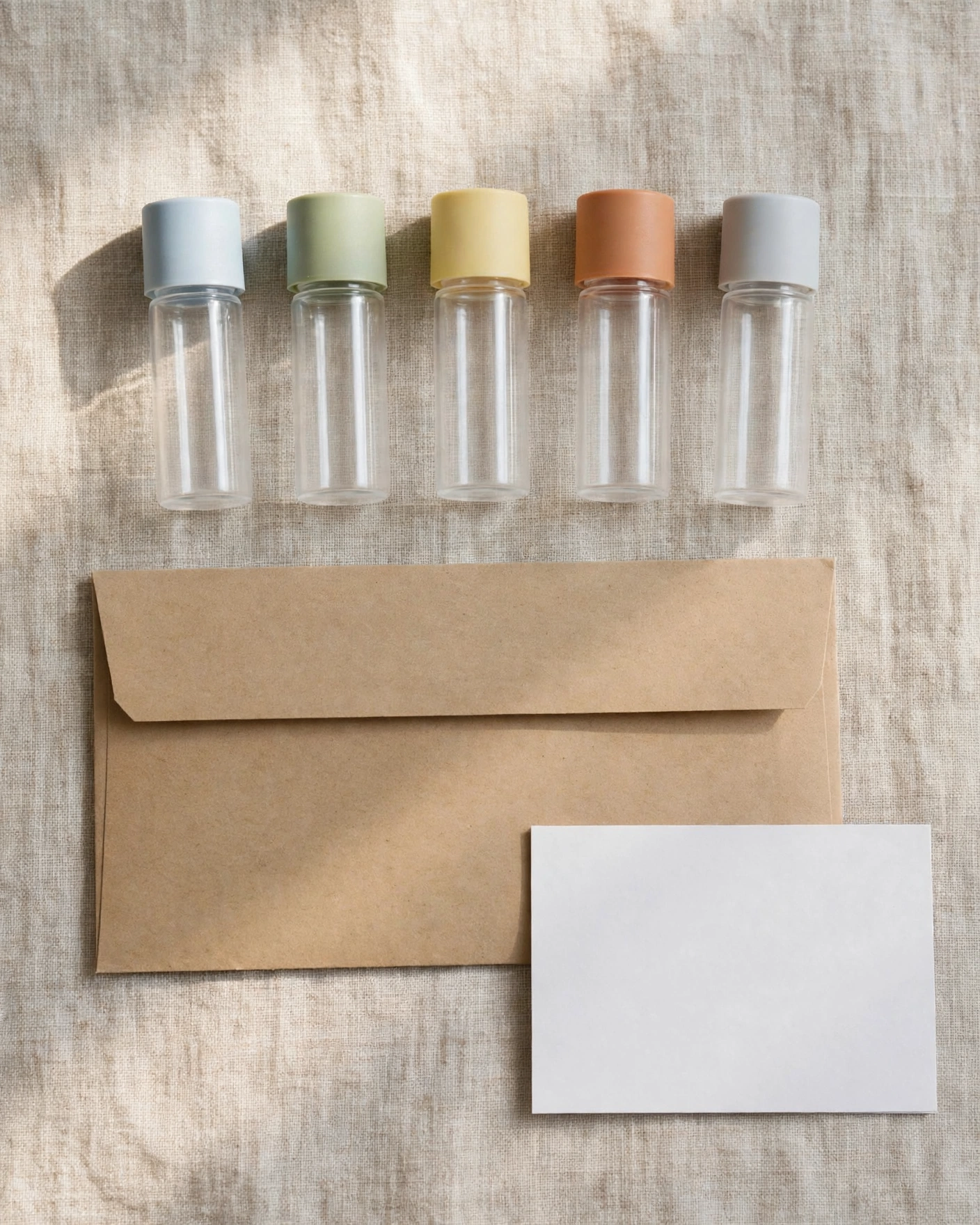 Sample bottles with colored caps and a blank mailer for lab testing