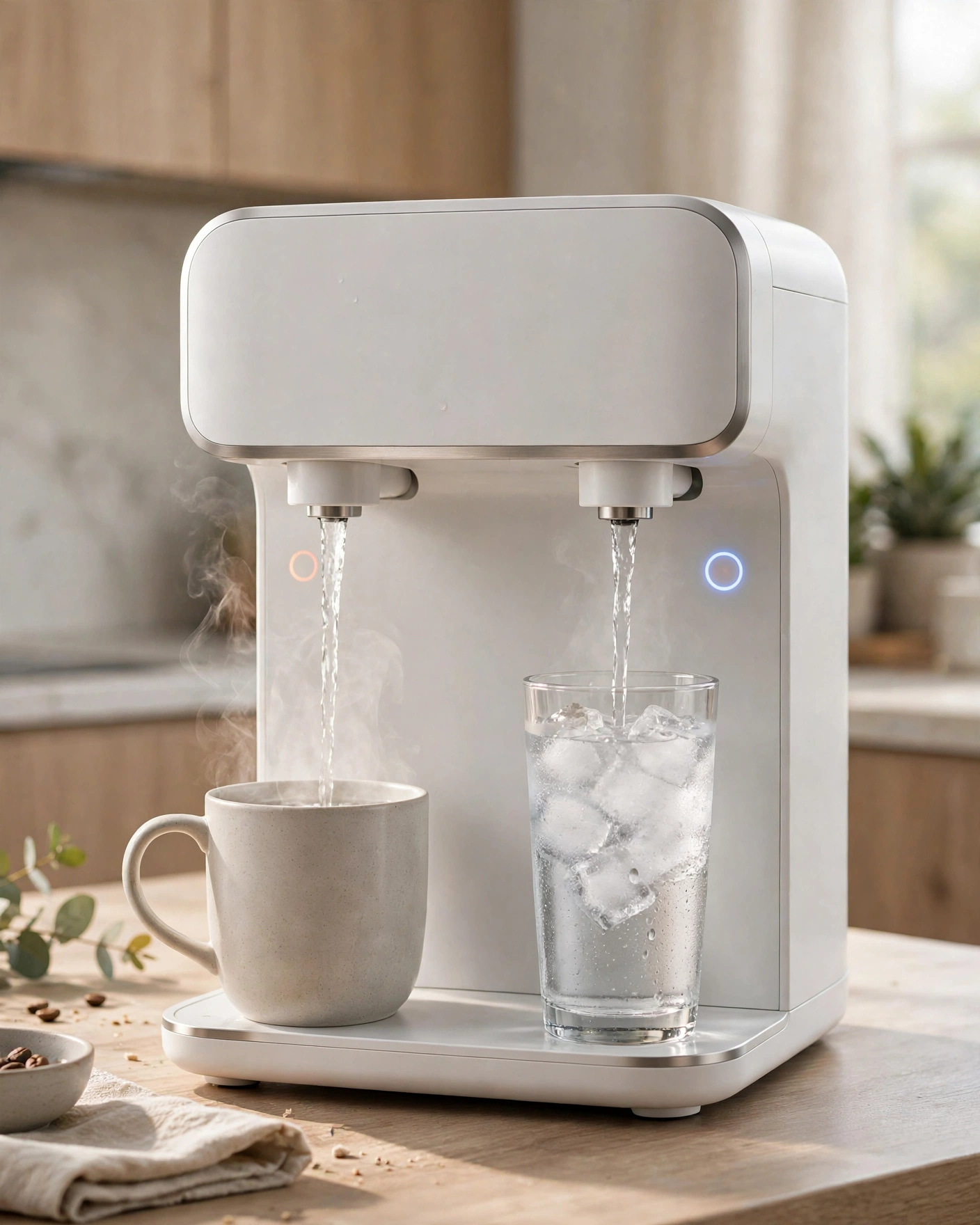 The Melissani M1 countertop RO appliance on a kitchen counter dispensing hot water into a mug and cold water into a glass