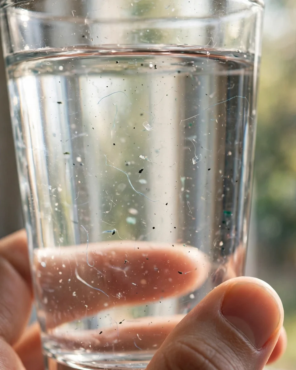 Close-up of a glass of water held to window light with tiny microplastic fibers and specks suspended in it