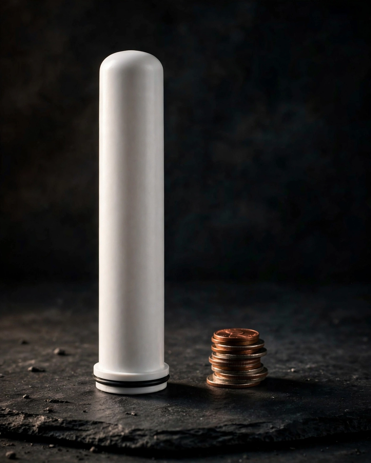 Unlabeled compatible Samsung refrigerator filter cartridge standing beside a small stack of coins