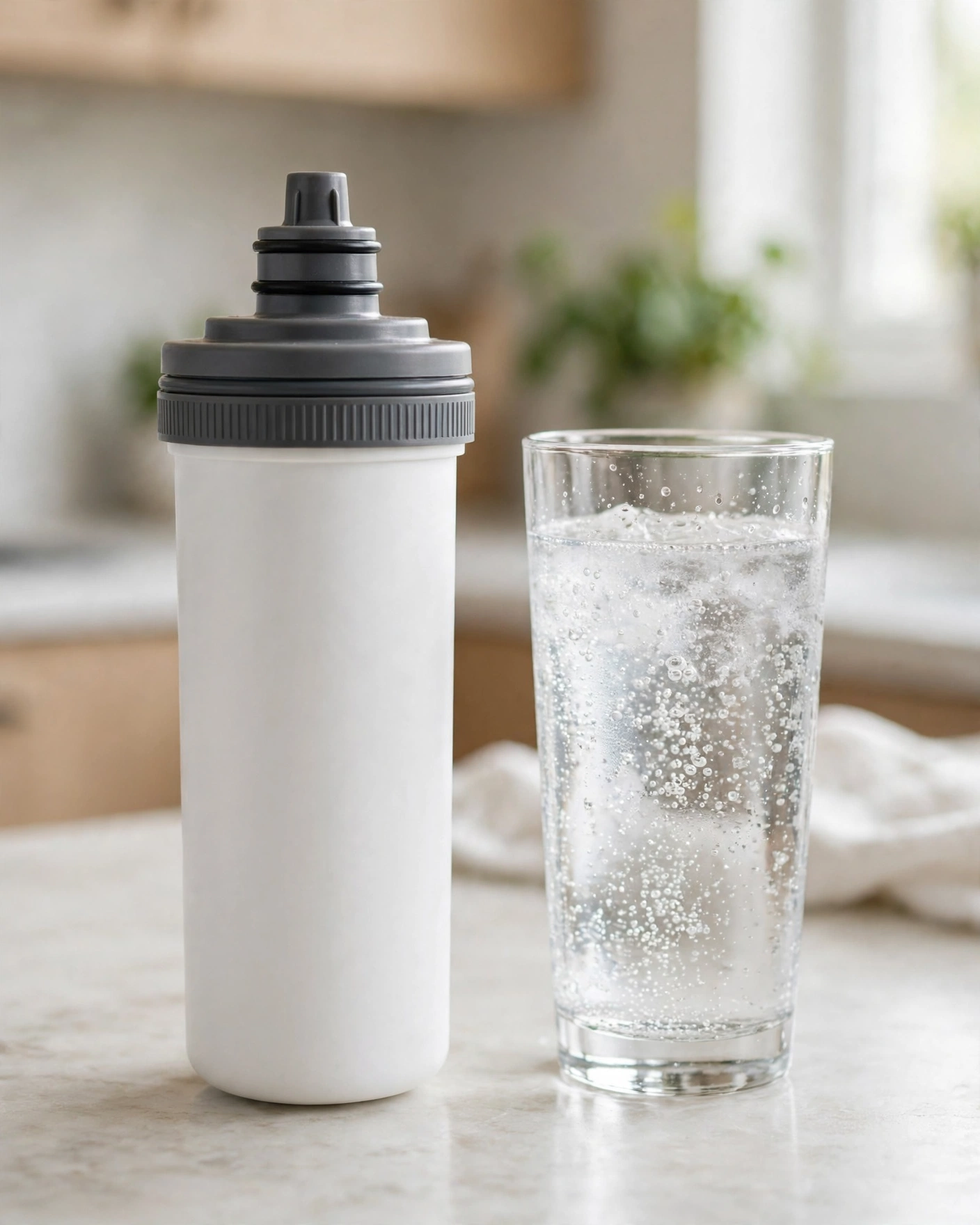 A premium fridge cartridge beside a tall glass of clear water