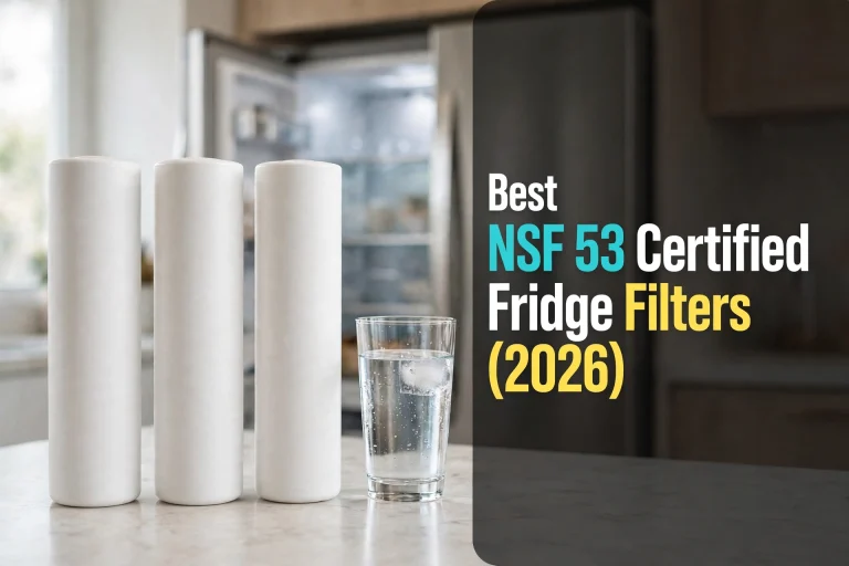 Three NSF 53 certified refrigerator cartridges beside a glass of water