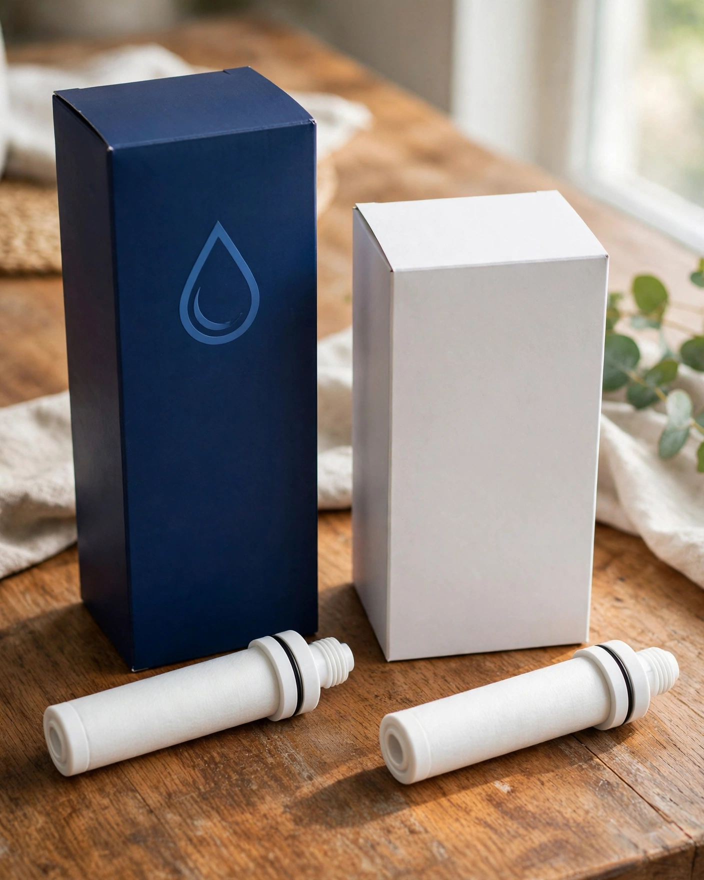 Branded OEM refrigerator water filter box standing next to a plain generic replacement filter box on a kitchen table