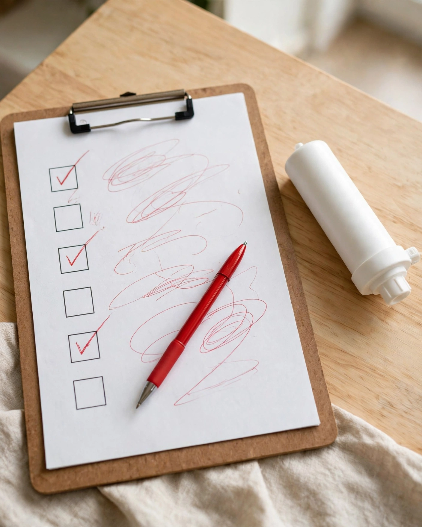 Clipboard with a certification checklist, red checkmarks, and an unlabeled fridge filter cartridge