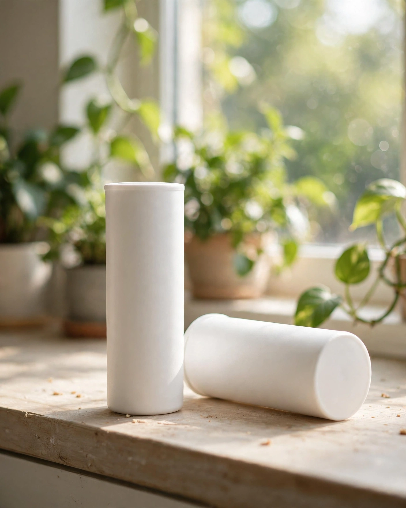Two unlabeled refrigerator water filter cartridges on a sunny kitchen windowsill — the OEM vs generic choice