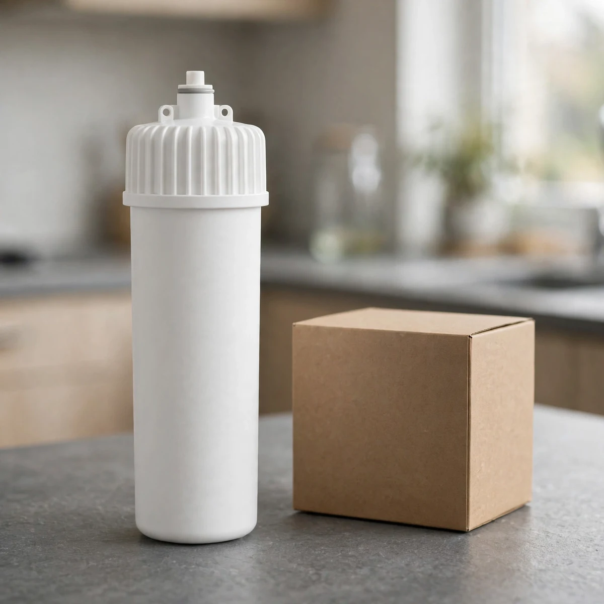 Plain unlabeled generic refrigerator water filter cartridge beside a plain kraft box on a grey slate counter