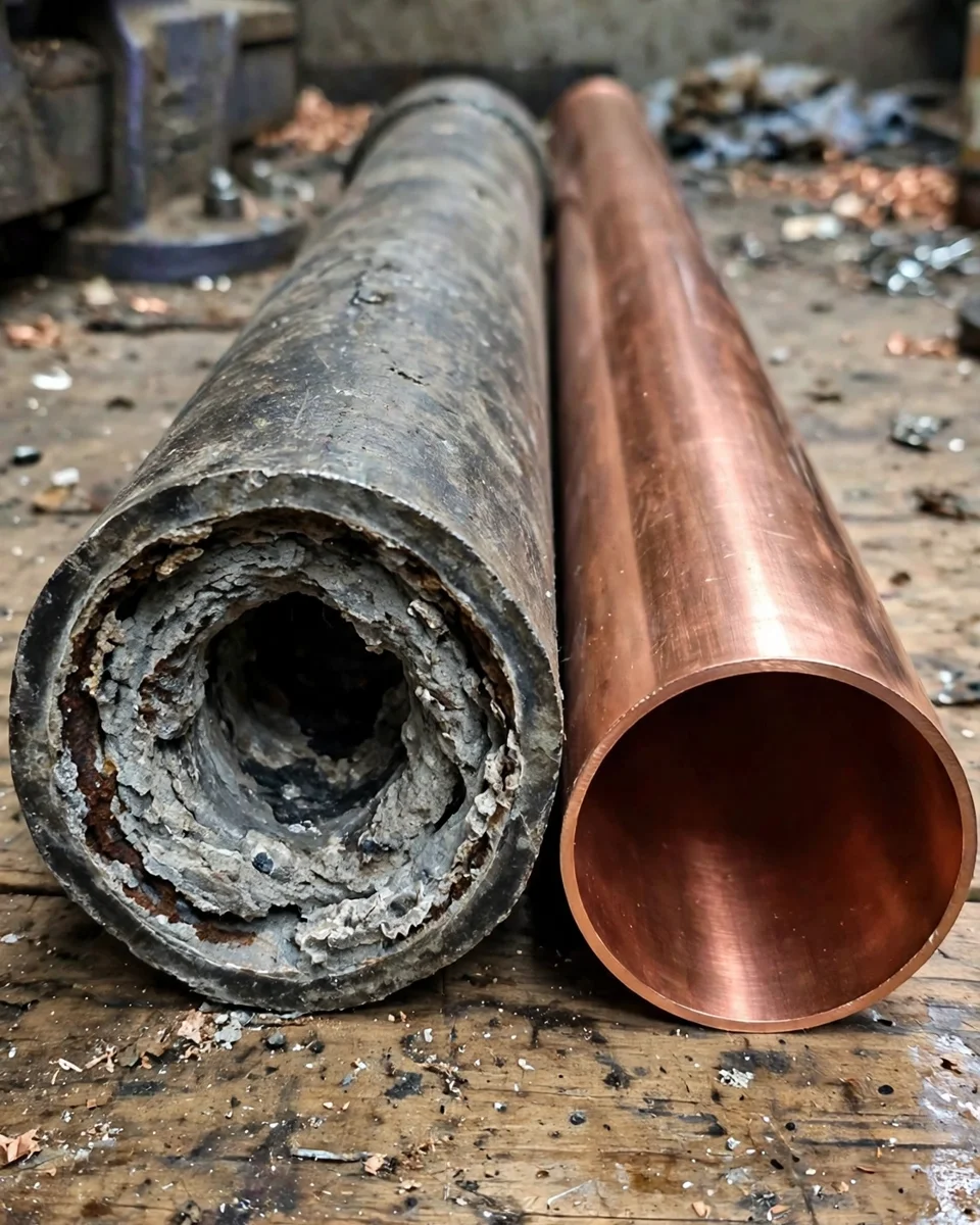 Cut cross-section of an old lead service pipe with thick scale and corrosion inside, next to a clean new copper pipe