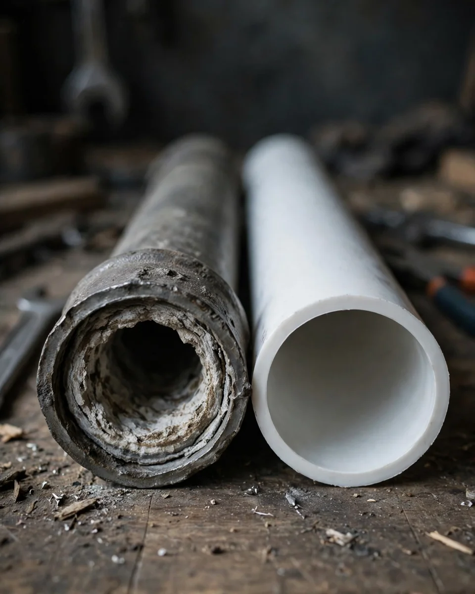 Cut section of corroded, scale-filled old metal pipe beside a clean modern white plastic pipe on a workbench