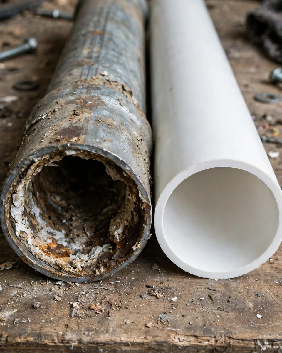 Cut sections of household water pipe on a workbench — a corroded, scale-filled old metal pipe beside a clean modern plastic pipe