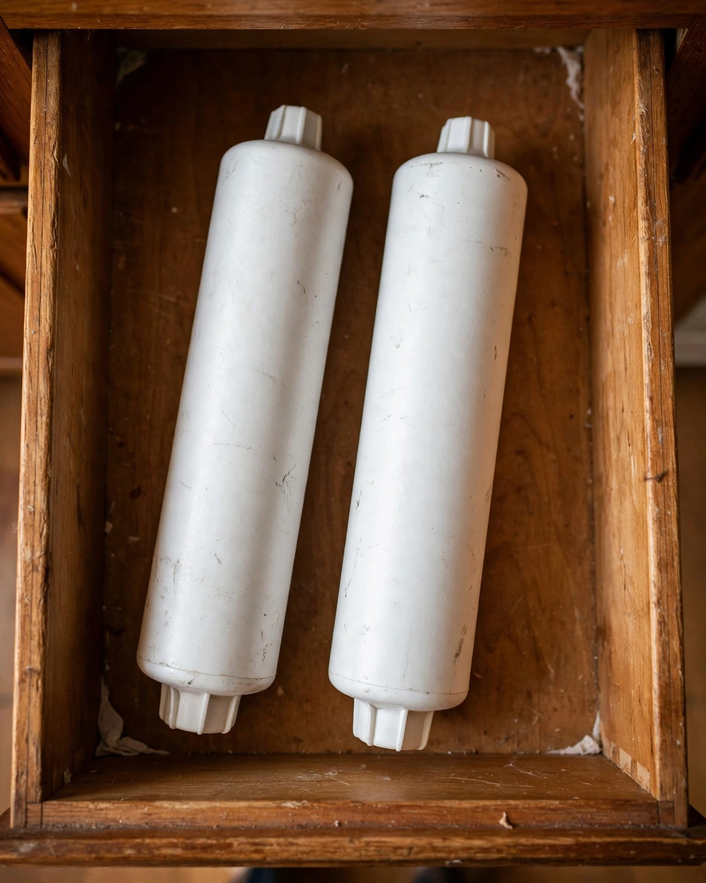 Open kitchen drawer with two used unlabeled refrigerator water filter cartridges