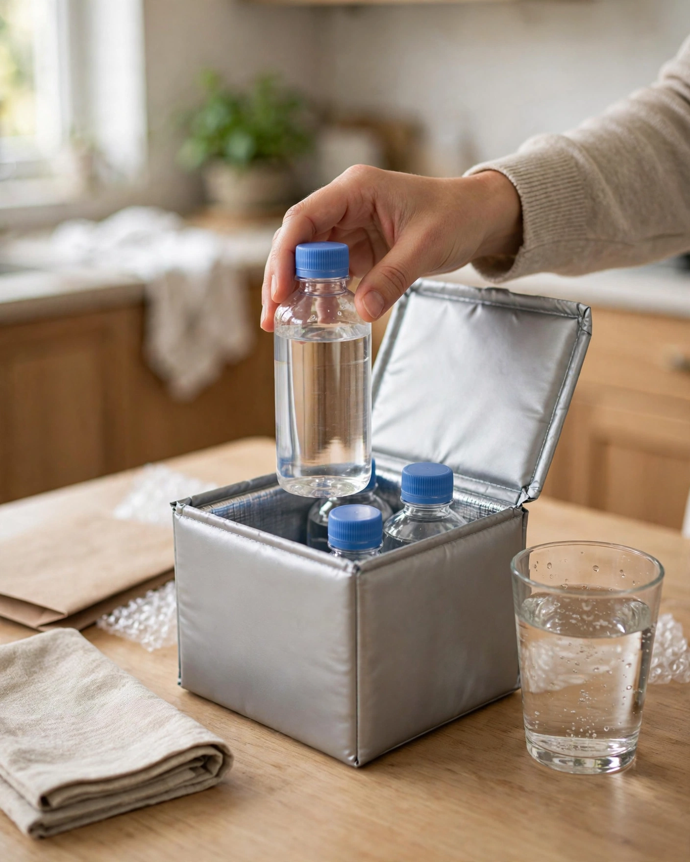 Hands packing capped sample bottles into a blank insulated mailer