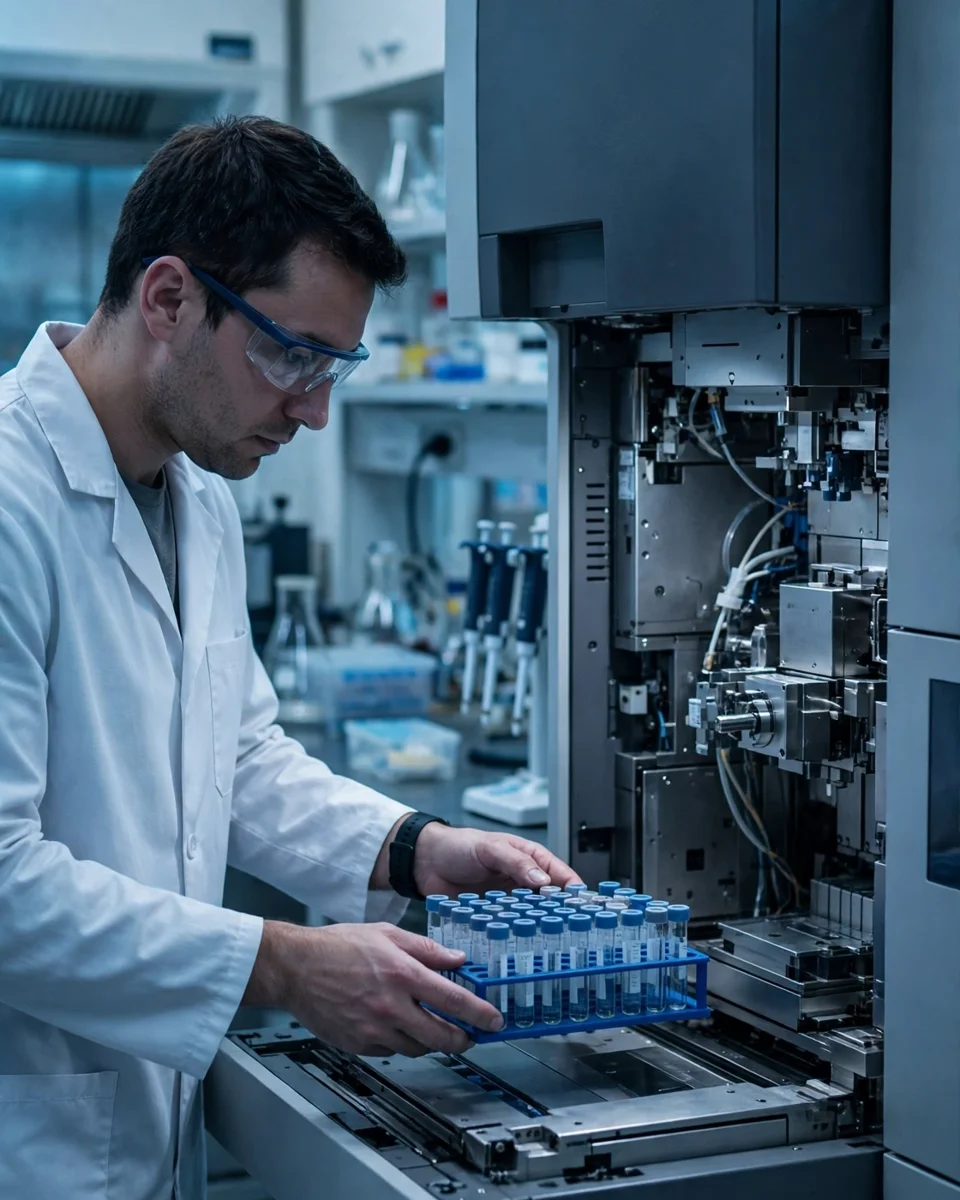 Laboratory technician loading sample vials into an LC-MS instrument — how PFAS is actually measured
