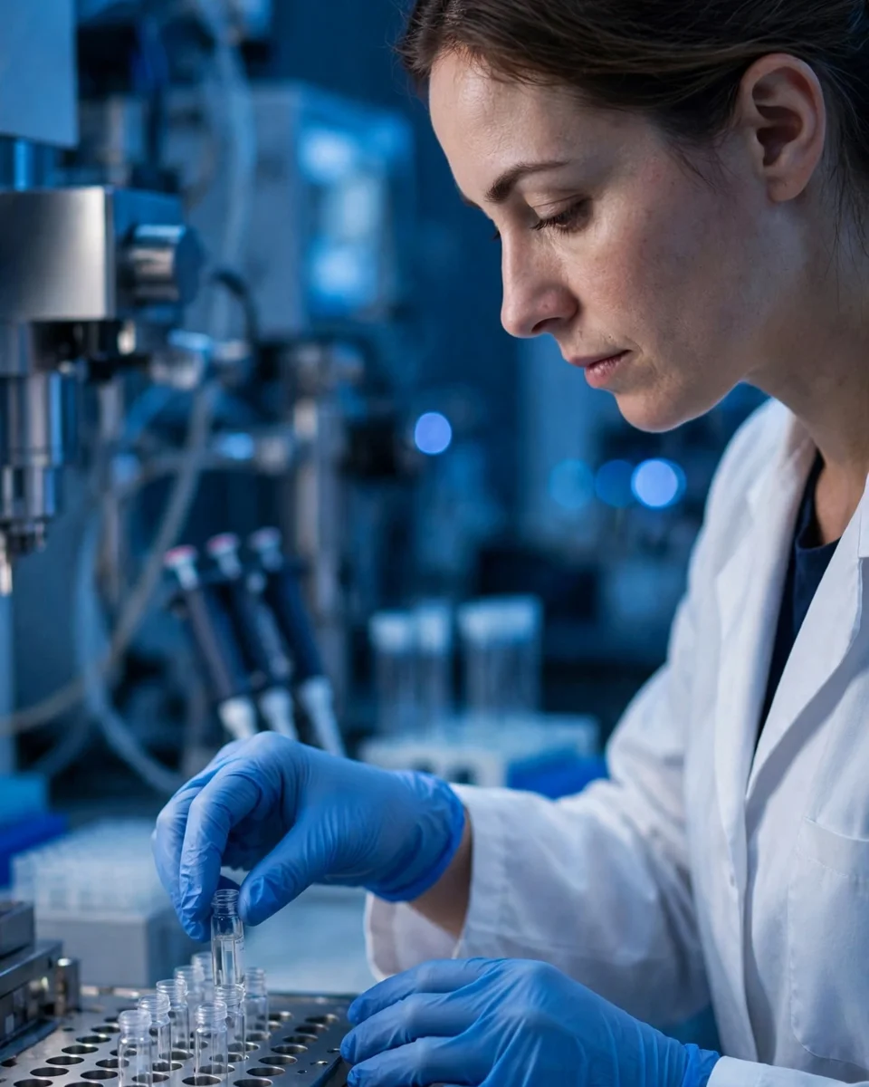 Laboratory scientist loading sample vials into a mass spectrometer for PFAS analysis